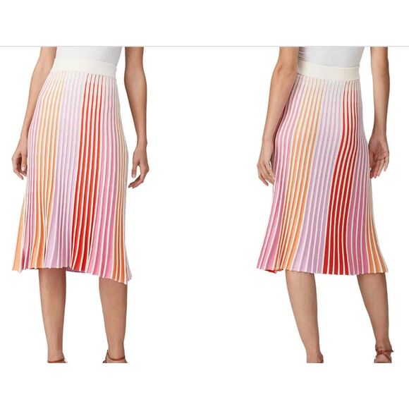 525 America | Striped Pleated Pull-on Midi Skirt | White/Sz M - Picture 8 of 9